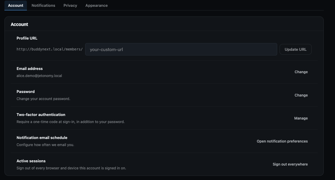 The account security panel - Handle, change email, change password, two-factor authentication, and sign out everywhere
