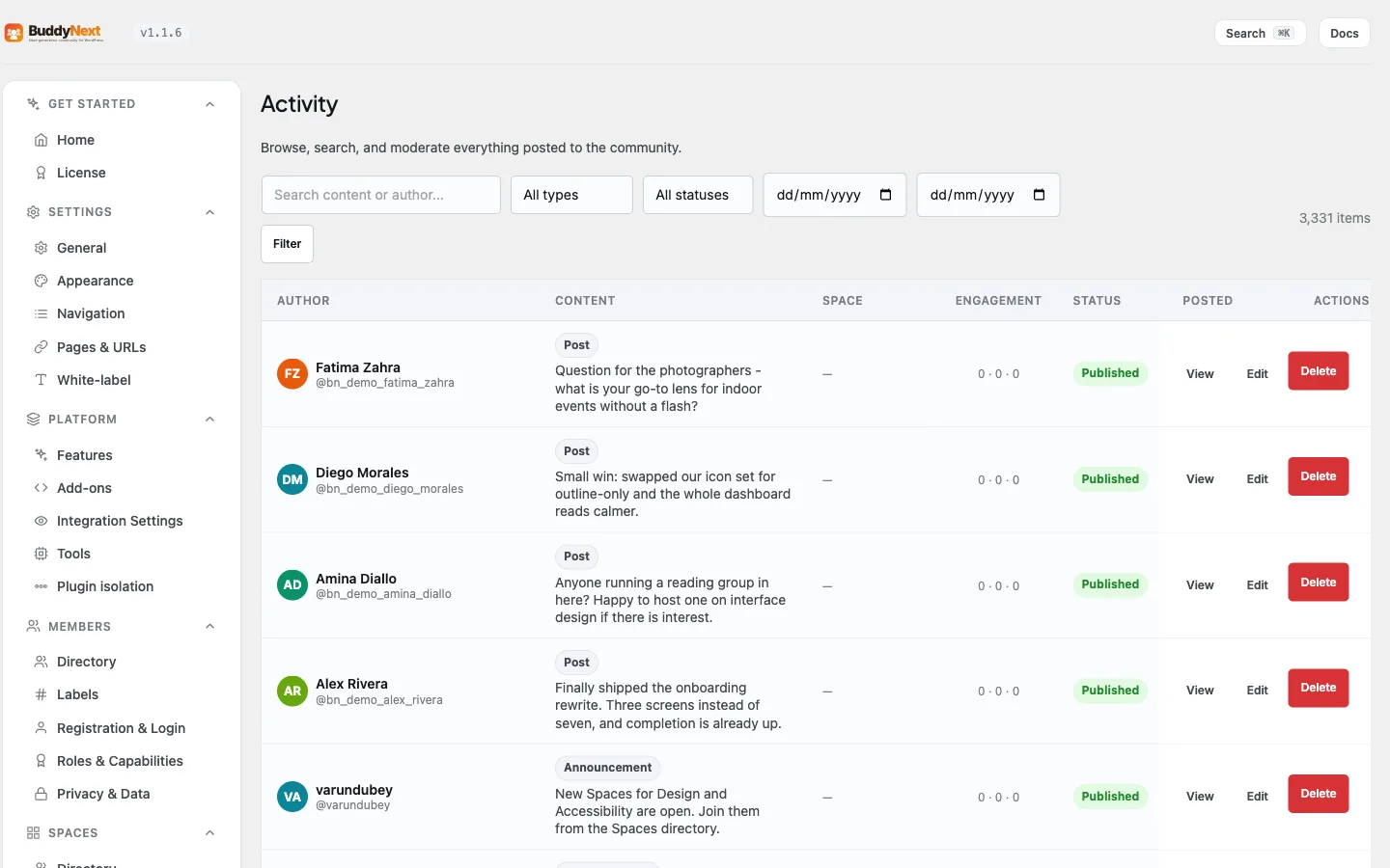 Engagement - Activity admin tab, the searchable and filterable list of everything posted to the community