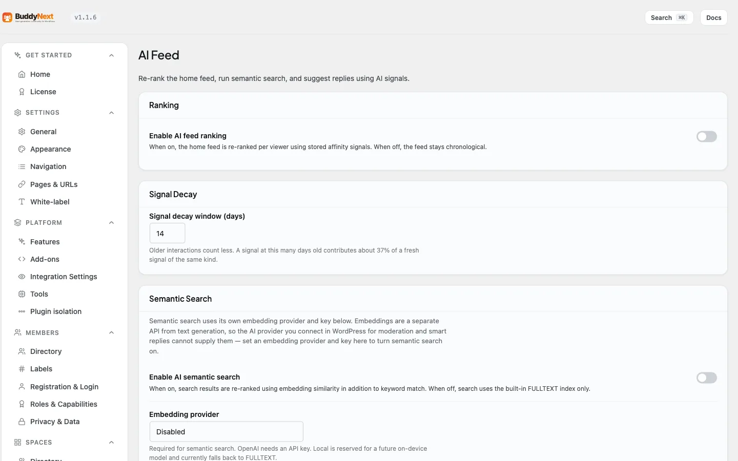The AI Feed admin tab