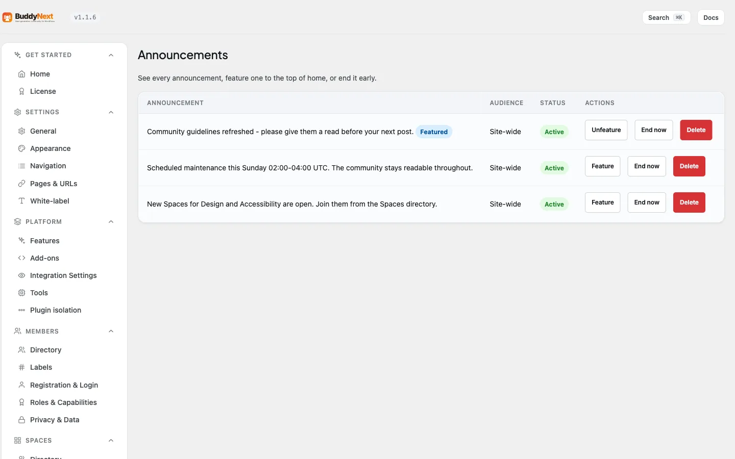 Engagement - Announcements admin tab, where each announcement is created, featured to the top of the feed, or ended