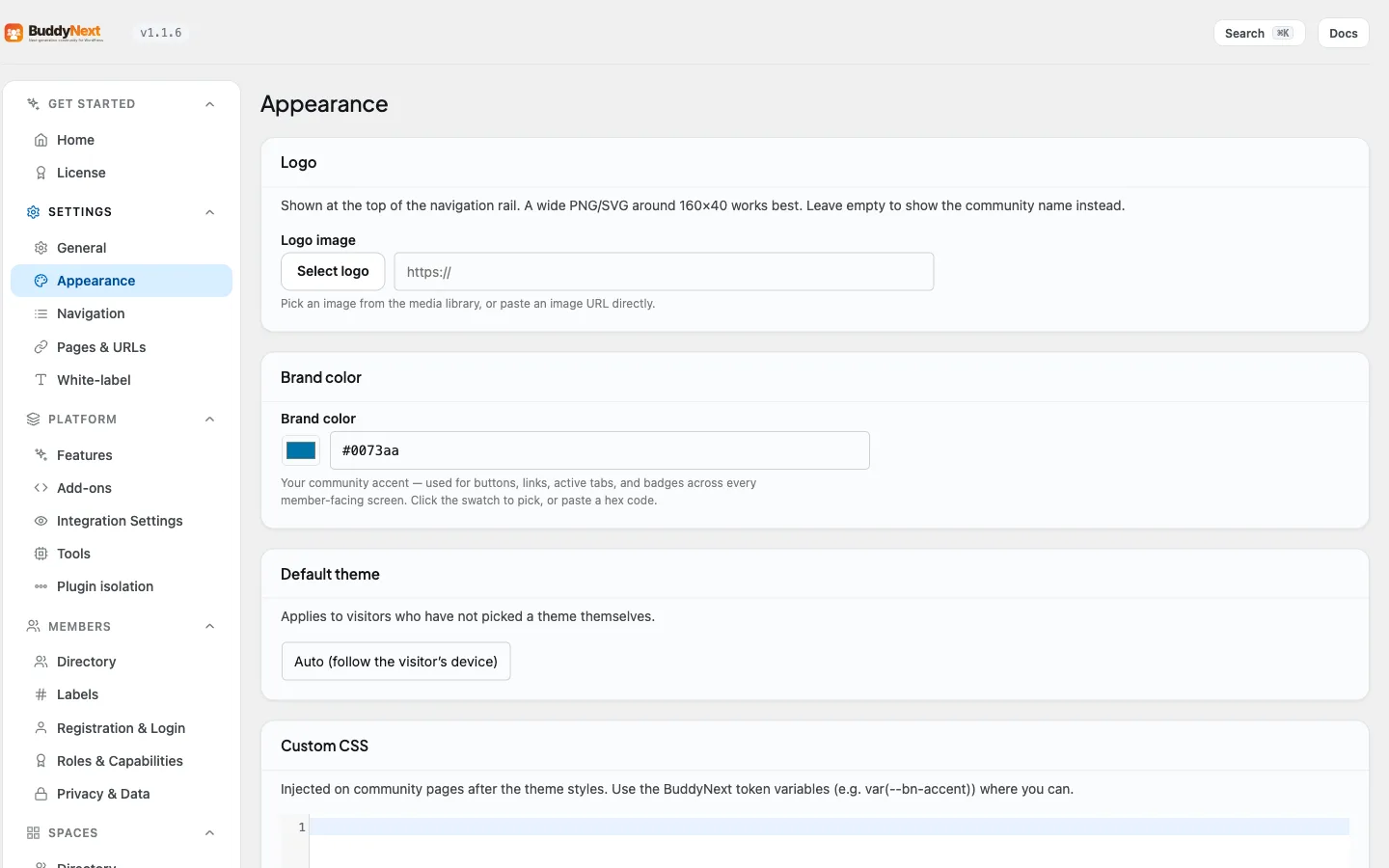 The BuddyNext admin Appearance tab with logo, default theme and custom CSS options