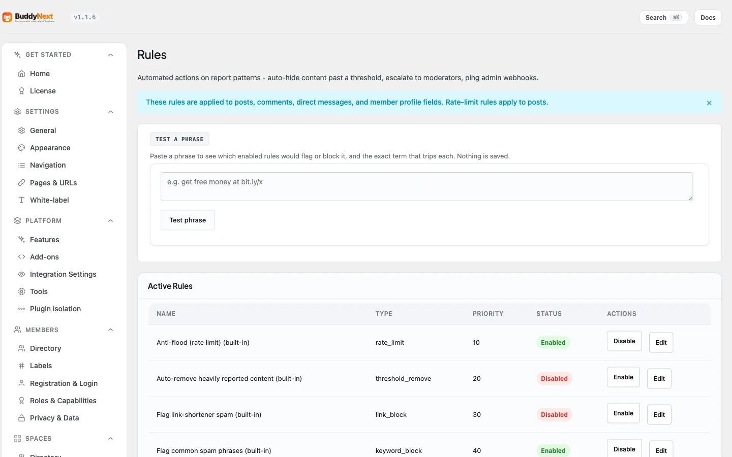 The Moderation Tools > Rules admin tab where you define auto-moderation rules and thresholds