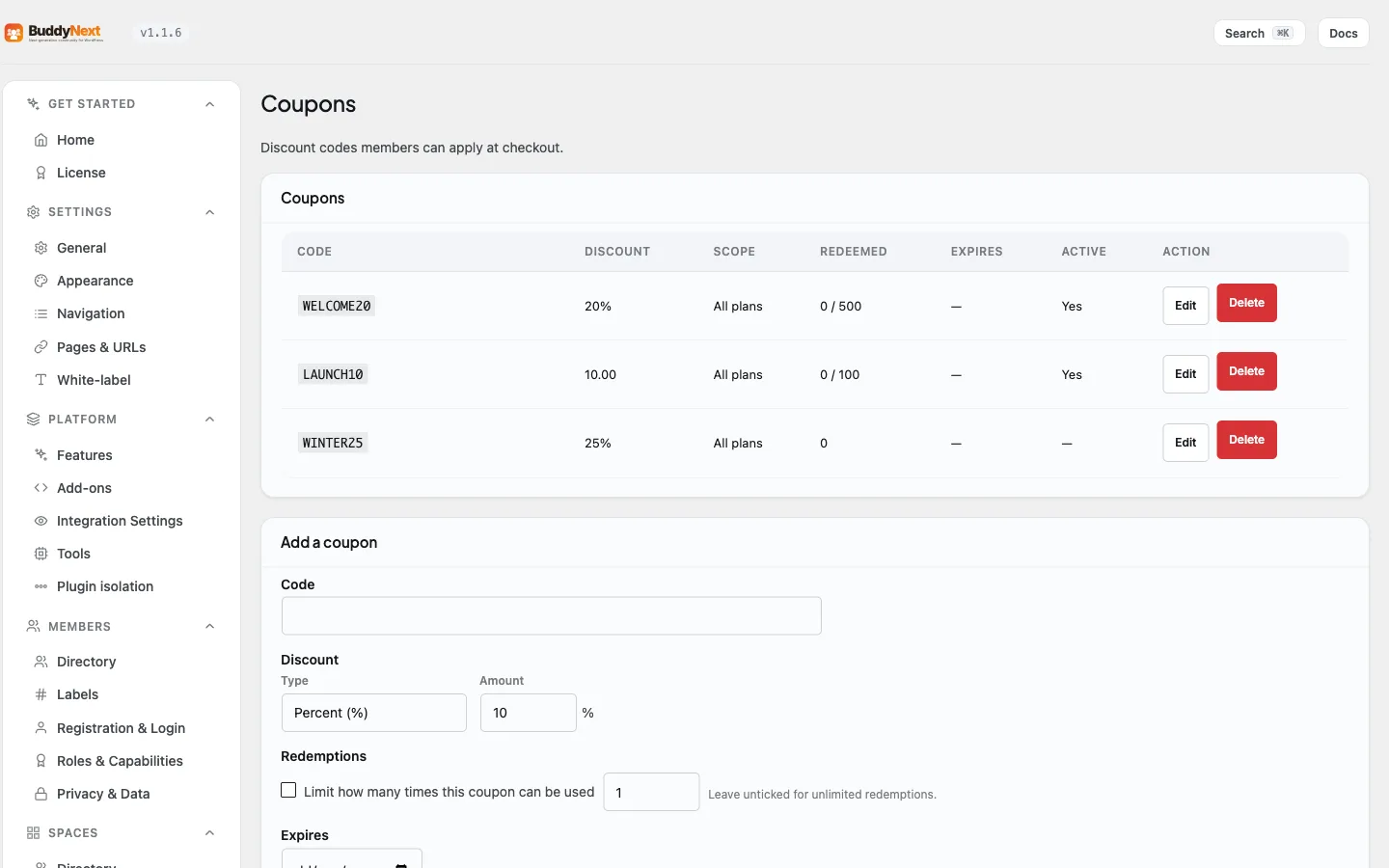 The Monetization section, where coupons have their own tab and tax settings sit with the payment gateways
