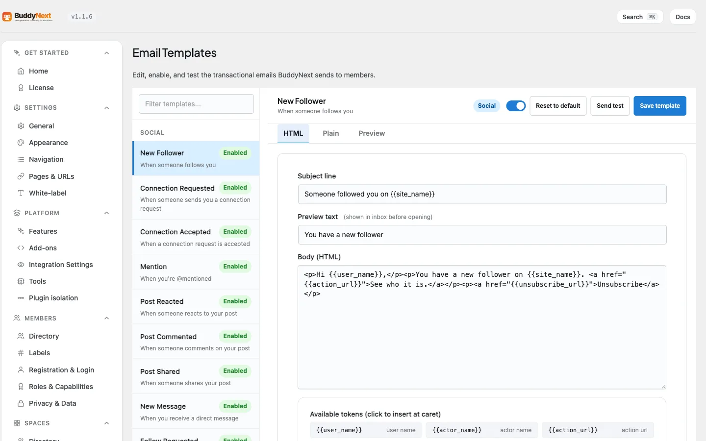 The Email Templates editor where transactional email bodies are customized