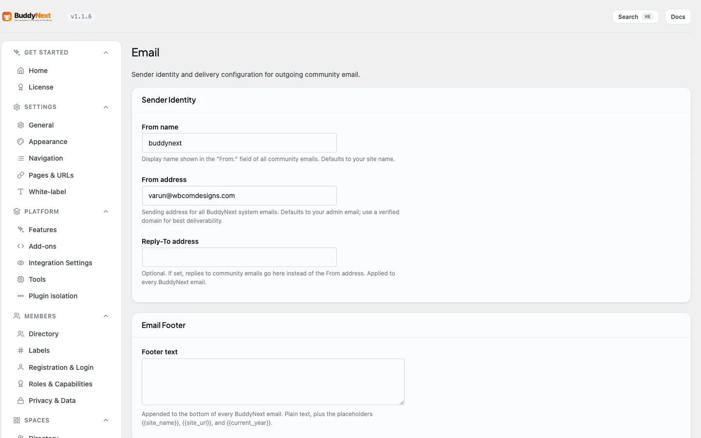 BuddyNext admin Notifications Email tab for configuring site-wide daily and weekly email digests