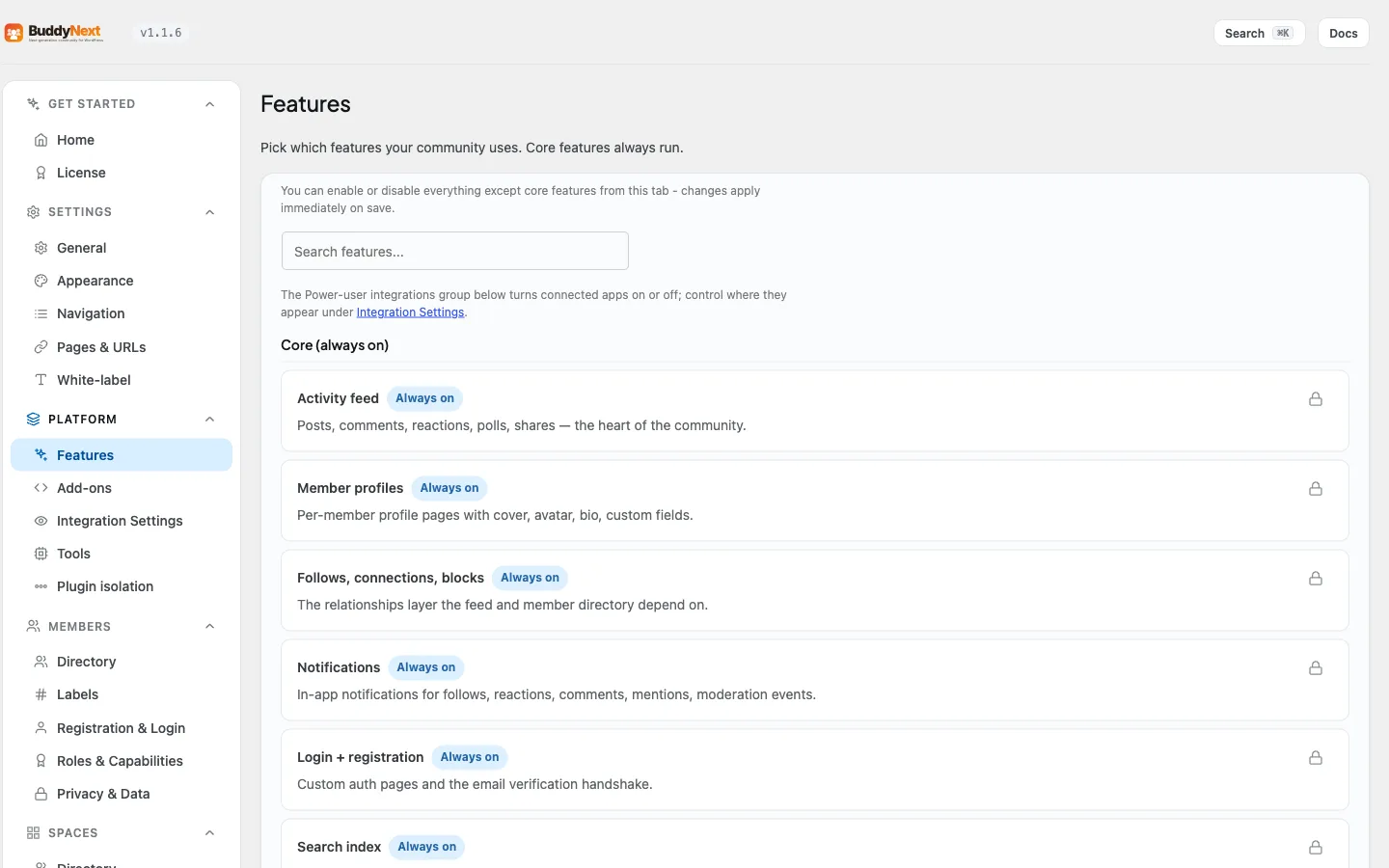 Platform - Features admin tab showing the feature on/off toggles and integration bridges available after installation