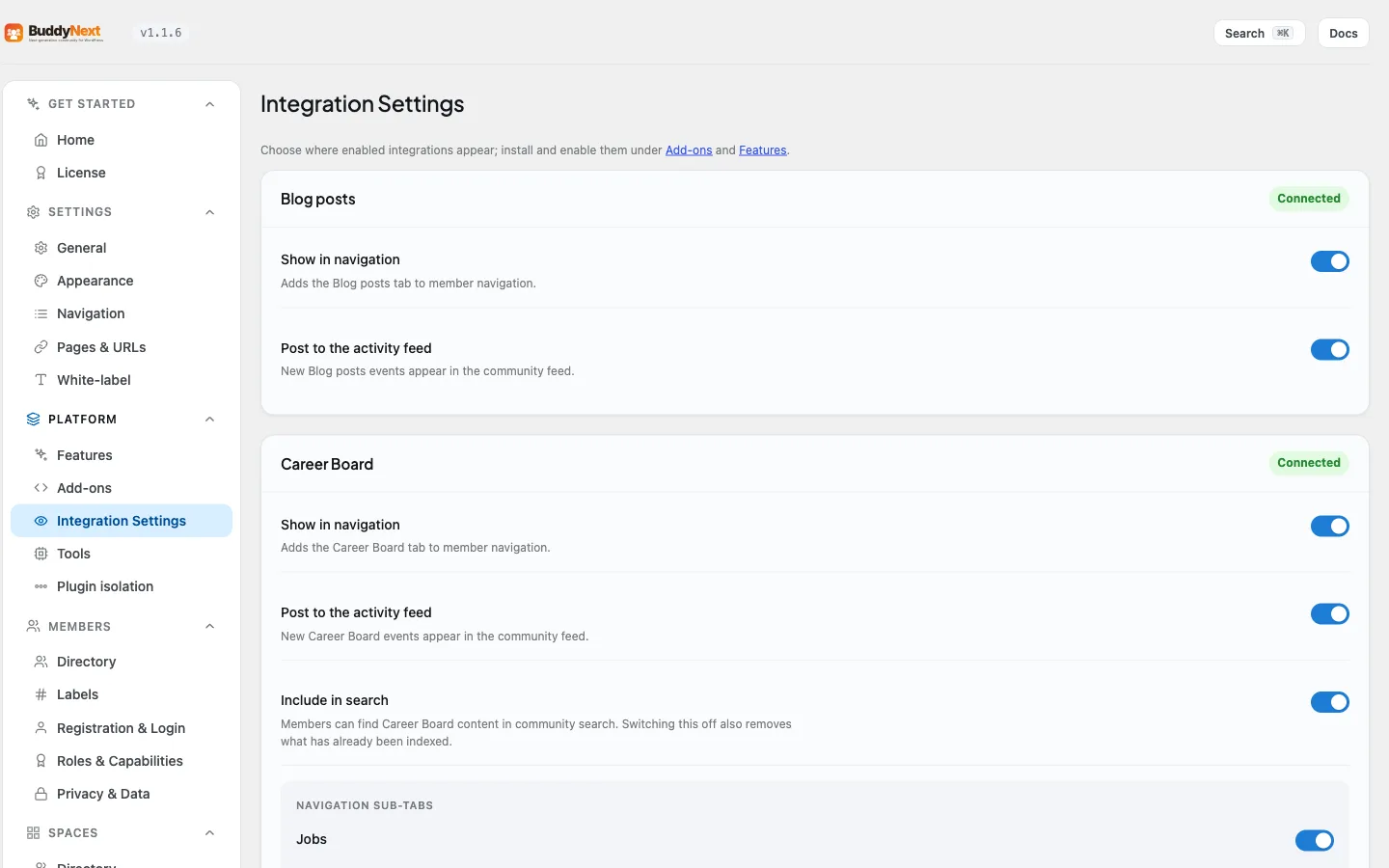 Platform - Integration Settings, one card per connected integration with navigation and feed switches