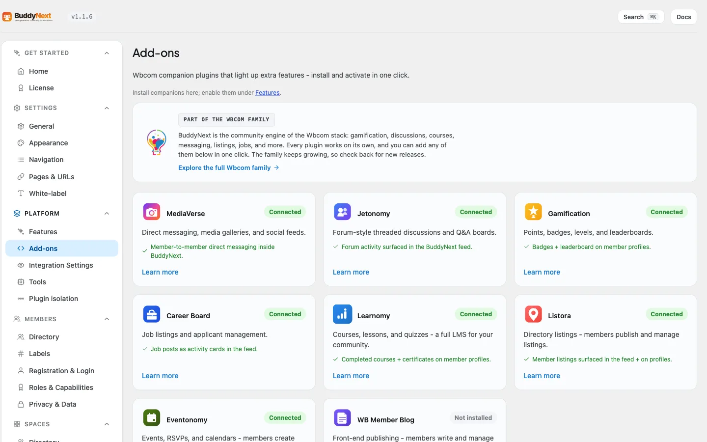 The BuddyNext Integrations admin tab with one-click install for each in-house plugin
