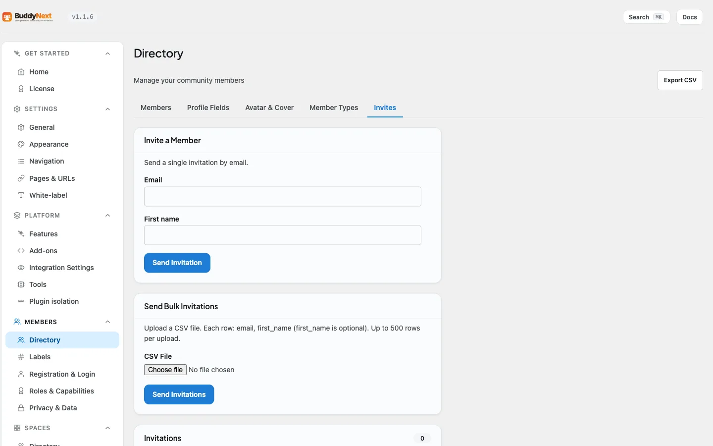 The Invites manager under Members, where owners send, resend, revoke, and track invitations