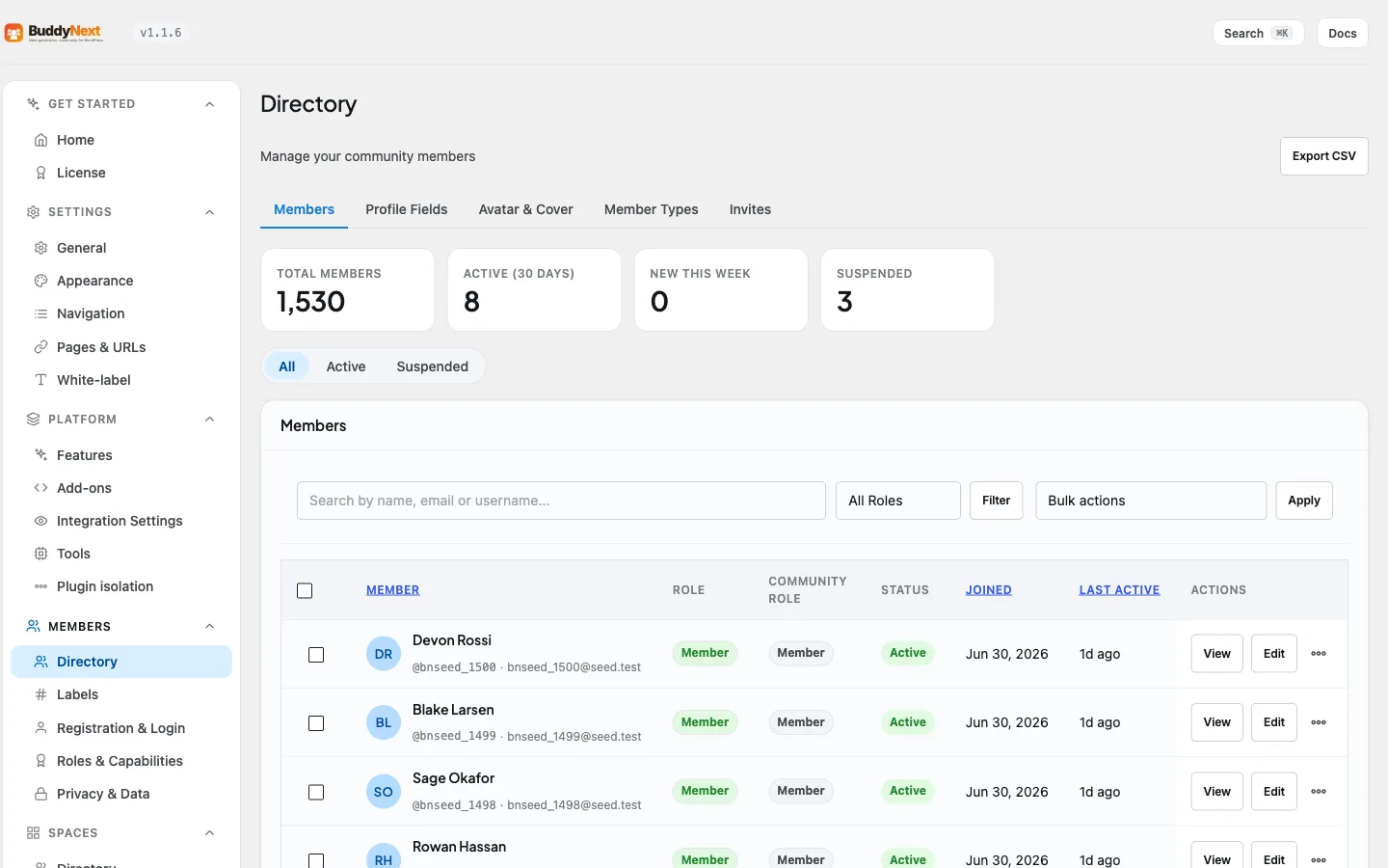 The Members admin screen where owners manage their community members - search, filter by role, review status, and export the member list
