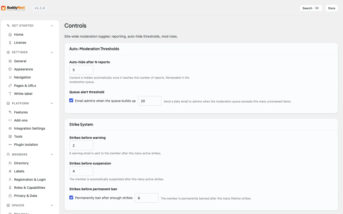 BuddyNext admin Moderation Controls tab for configuring automatic content safeguard rules