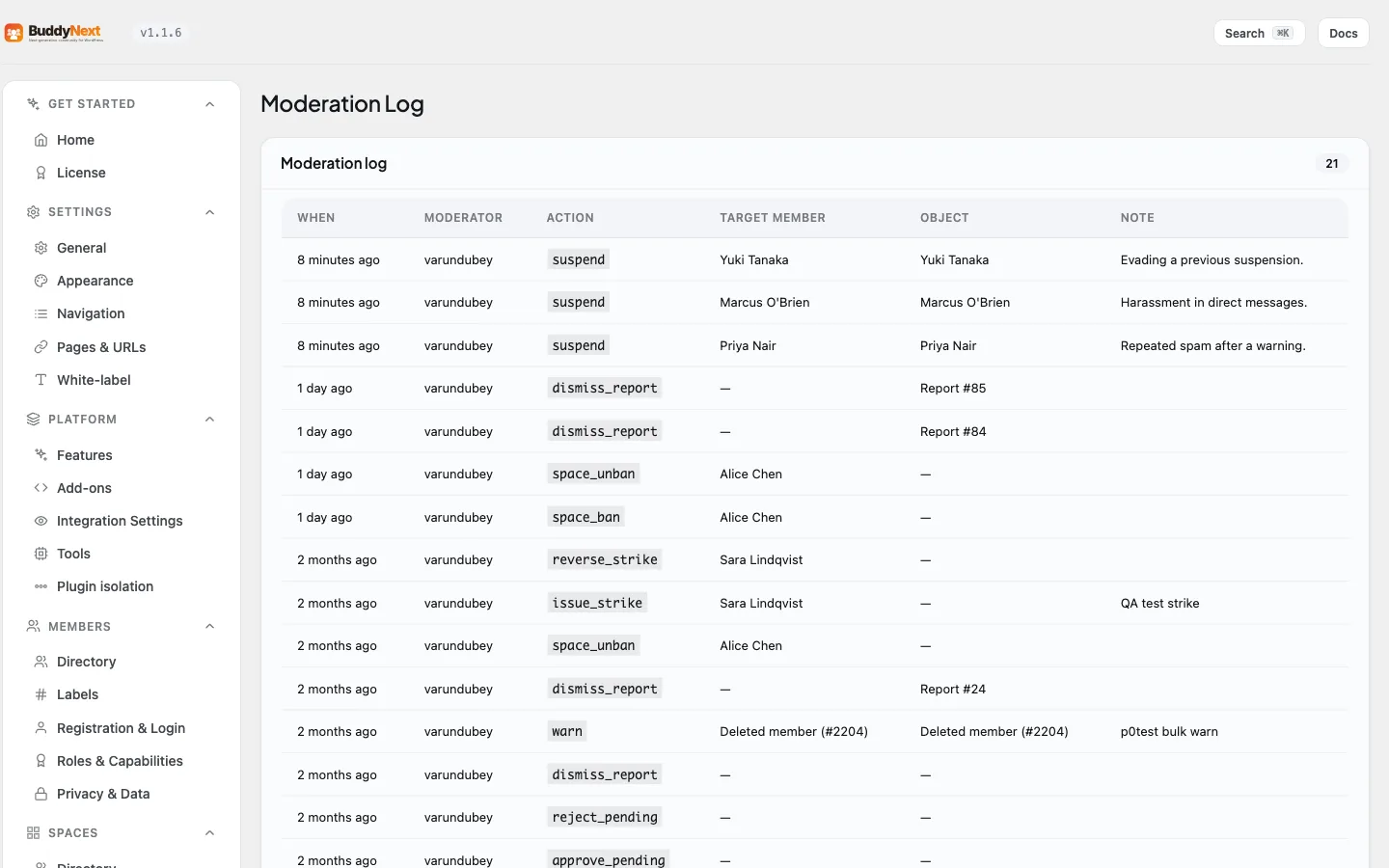 The Moderation Log recording every moderation action with actor, target, and time