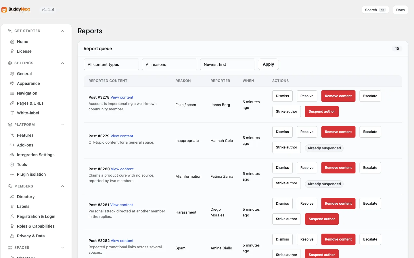 The Moderation → Reports admin tab where submitted reports land for review