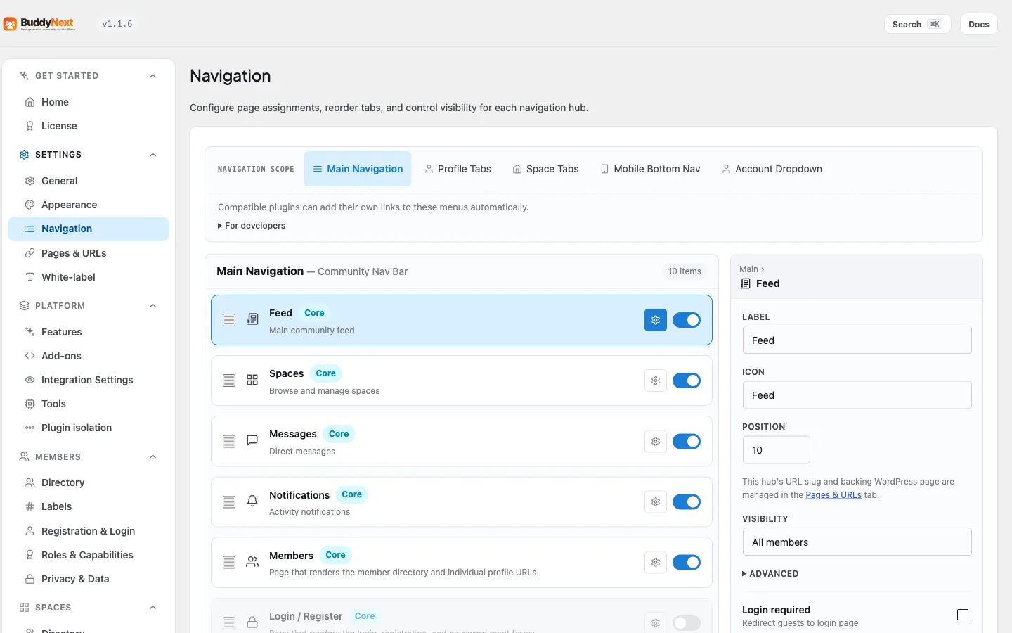 The Settings → Navigation tab for the front-end community menu