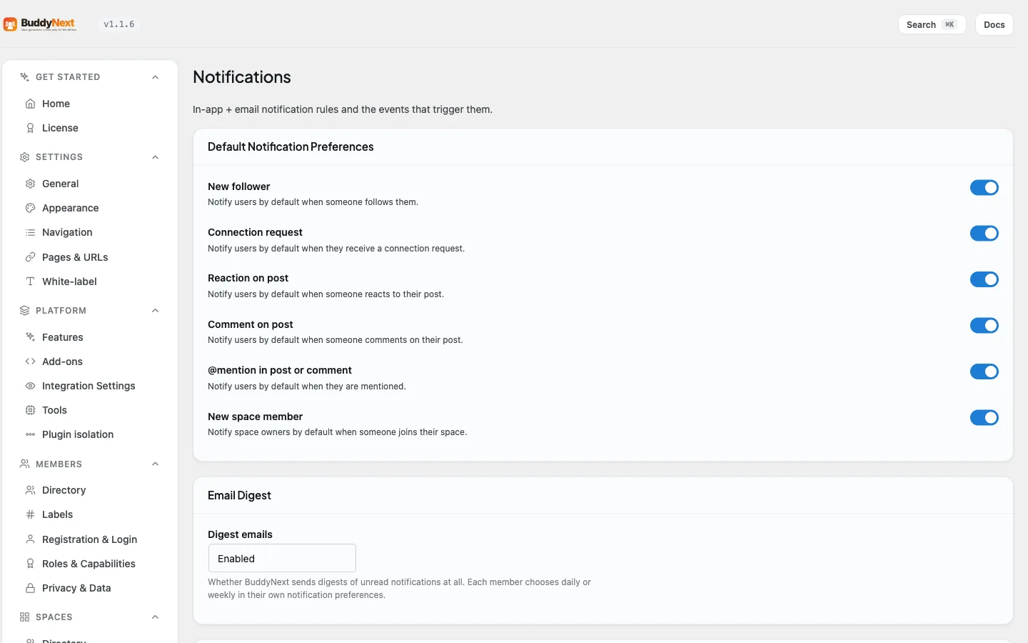 BuddyNext admin Notifications tab where owners set notification defaults