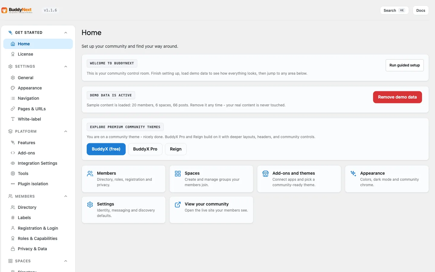 The BuddyNext admin dashboard a fresh local checkout boots into after install and seed