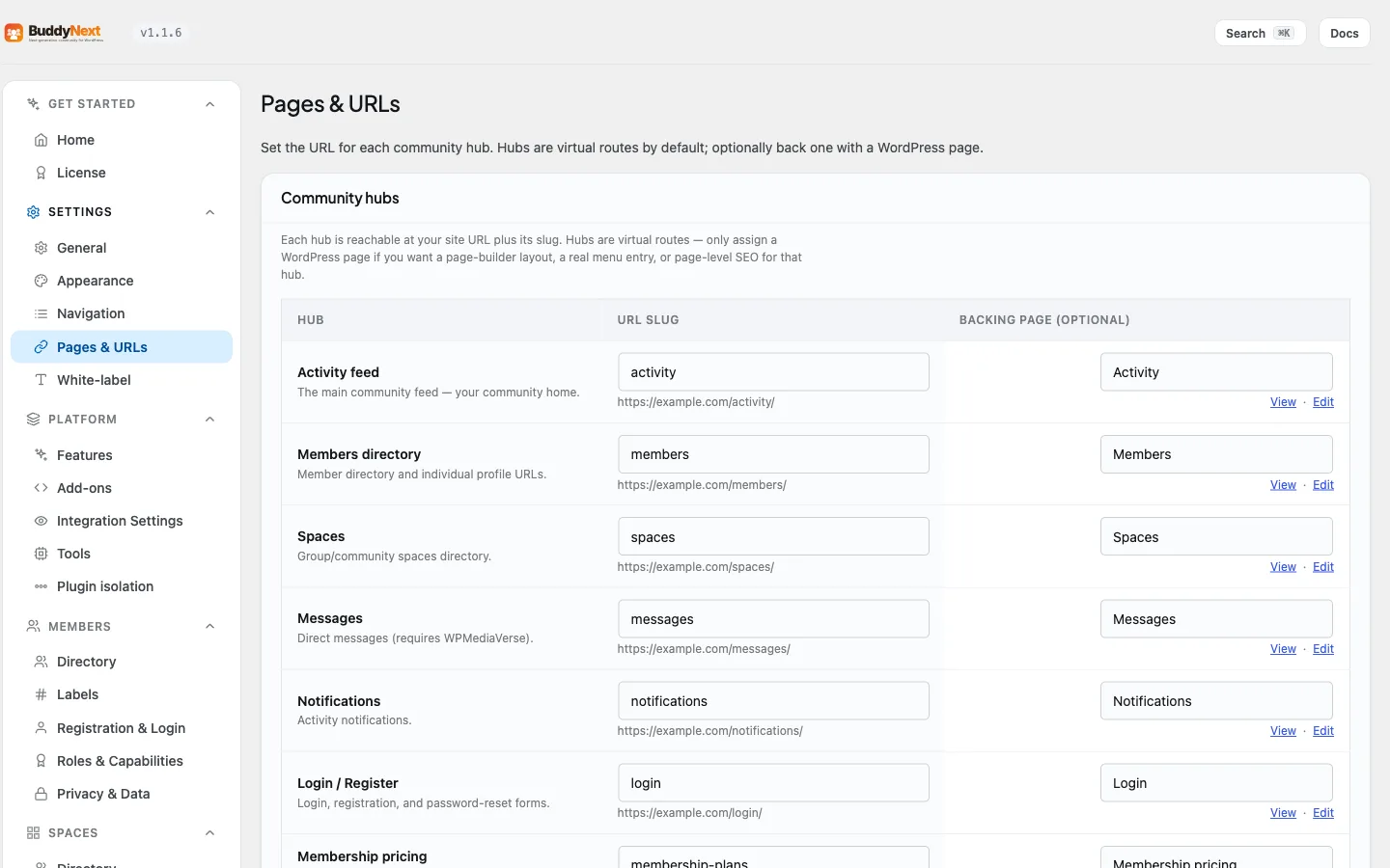 The Settings → Pages & URLs tab mapping BuddyNext screens to pages