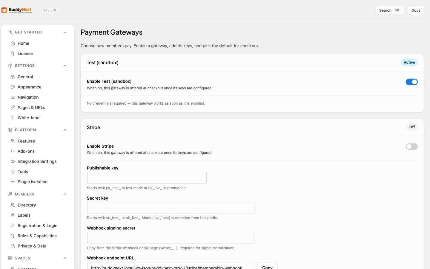 The Monetization Payments admin tab listing every payment gateway with its own enable toggle and status badge