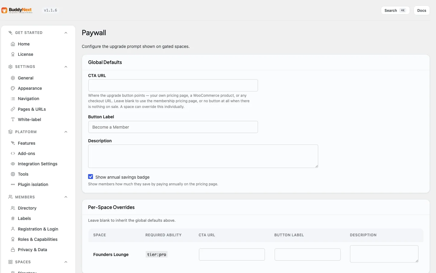 The Paywall tab configuring the upgrade prompt shown on protected content