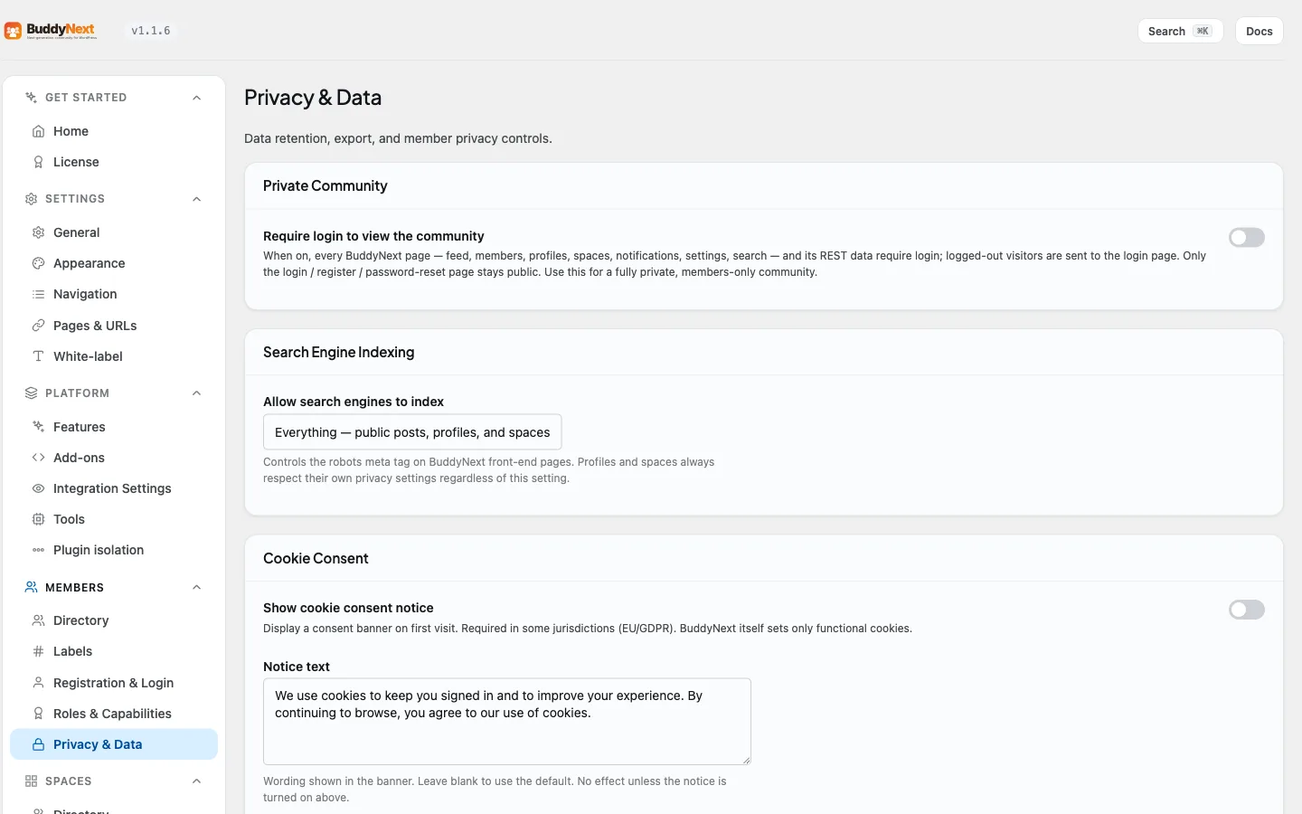 Members - Privacy & Data admin tab with the account-related privacy and data controls