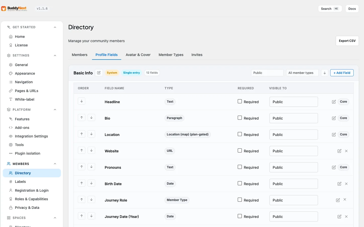 The profile fields editor - flat rows with inline Required and visibility controls
