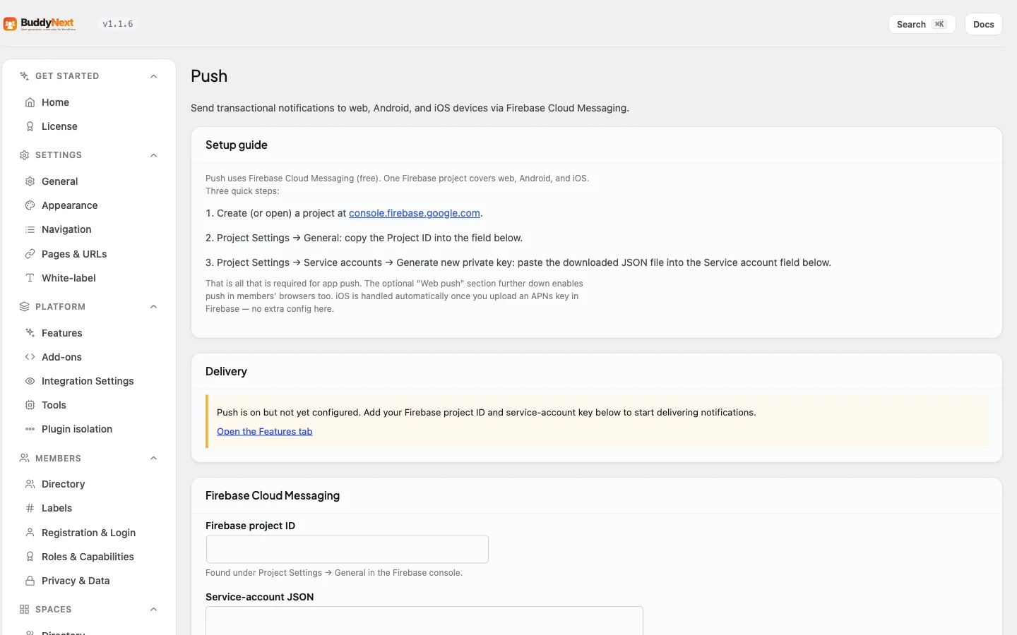 The Push admin tab where you connect Firebase and configure web and mobile push