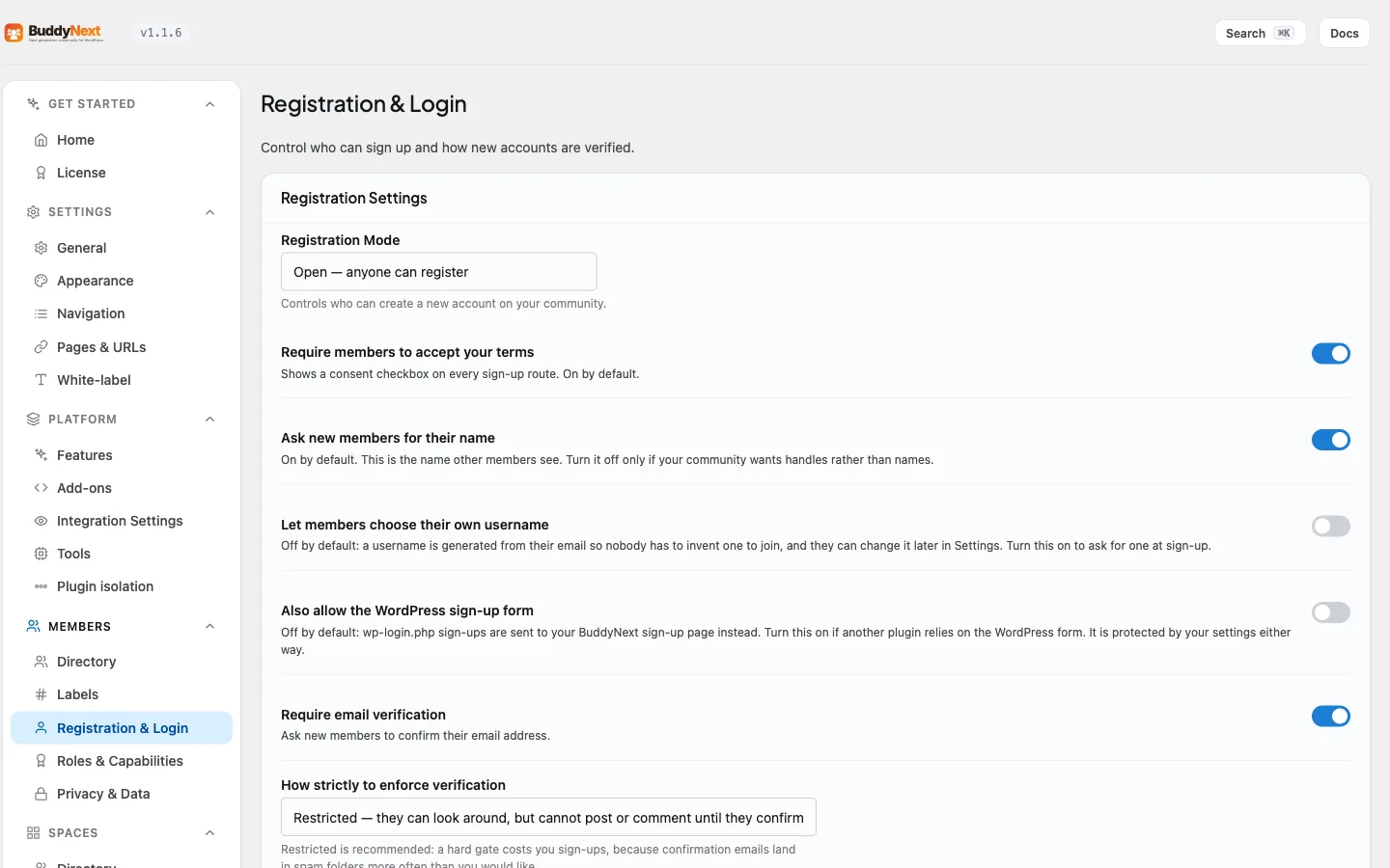 Members - Registration & Login admin tab where the new-member onboarding wizard is configured