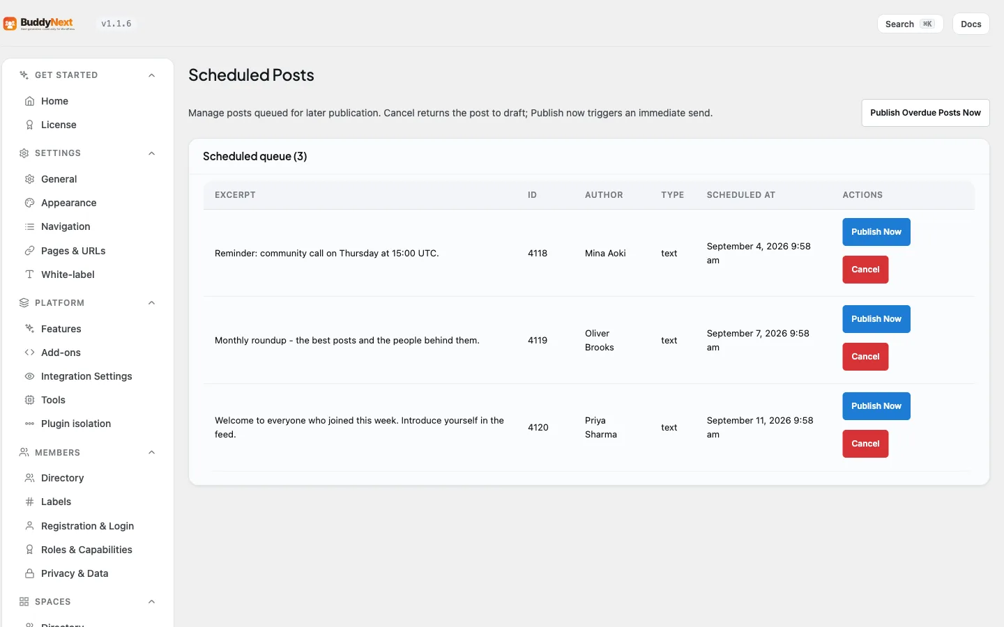 The Campaigns > Scheduled Posts admin tab where you review the queue of scheduled posts