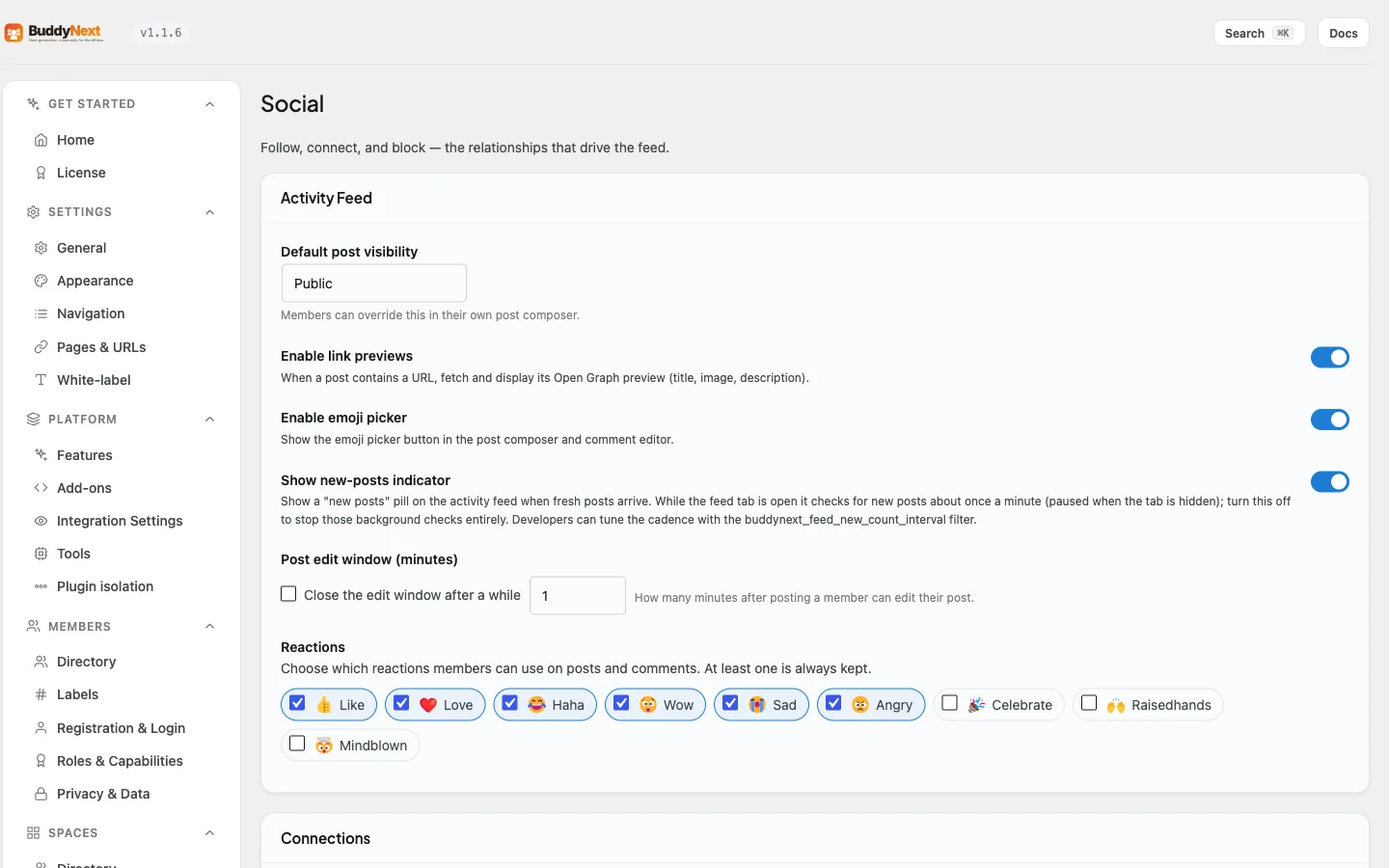 The reaction palette, under the Social tab's Activity Feed section, where the site owner chooses which reactions members can use