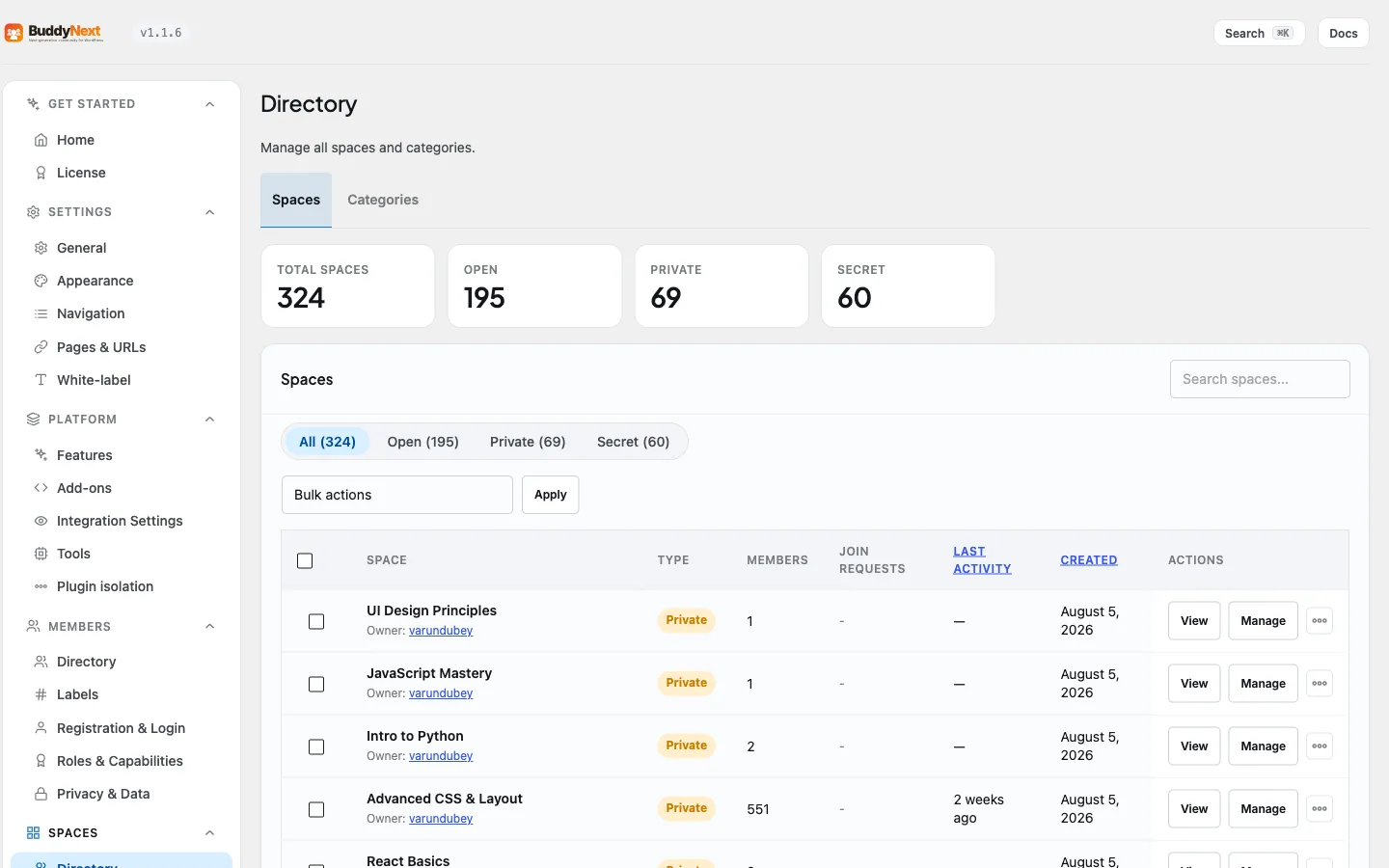 The admin spaces list sorted by Last Activity