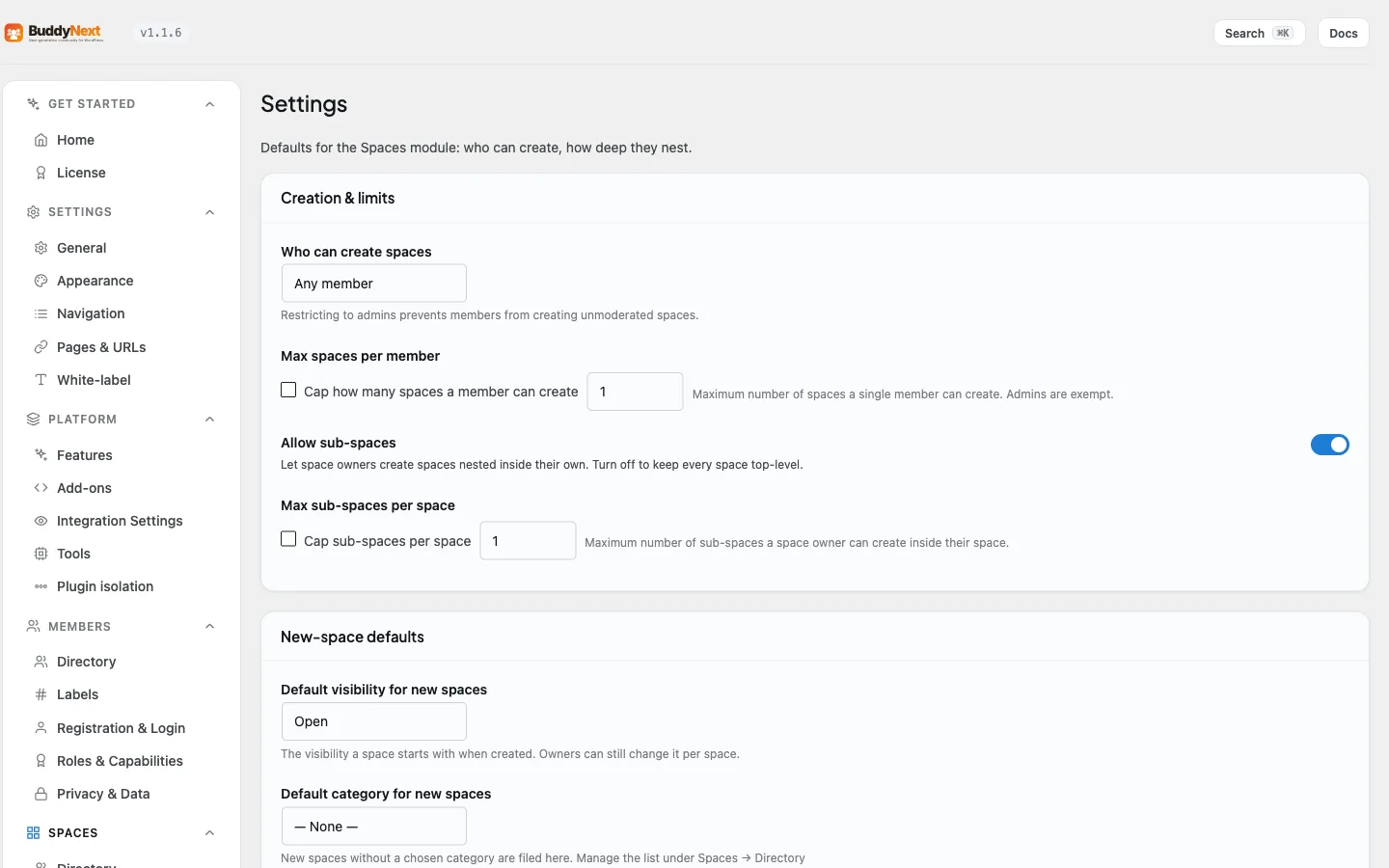 Spaces - Settings admin tab for space roles and posting permissions