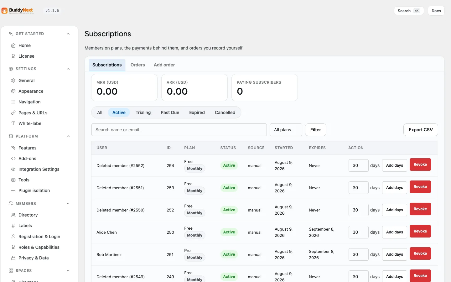 The Monetization → Subscriptions admin tab listing active member subscriptions