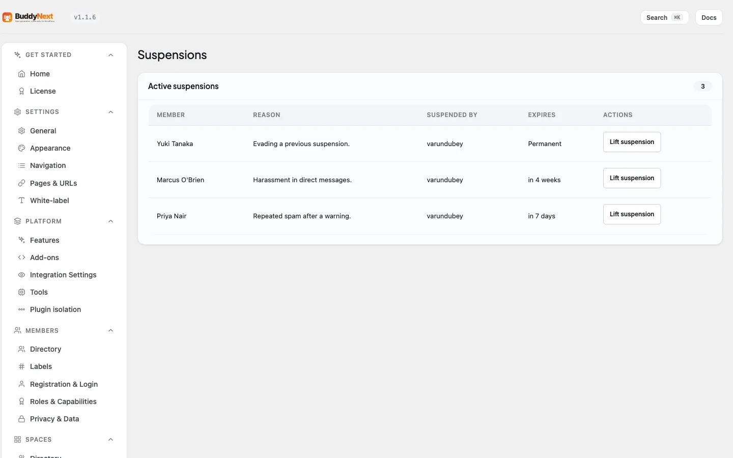 The Moderation > Suspensions tab listing suspended members and controls