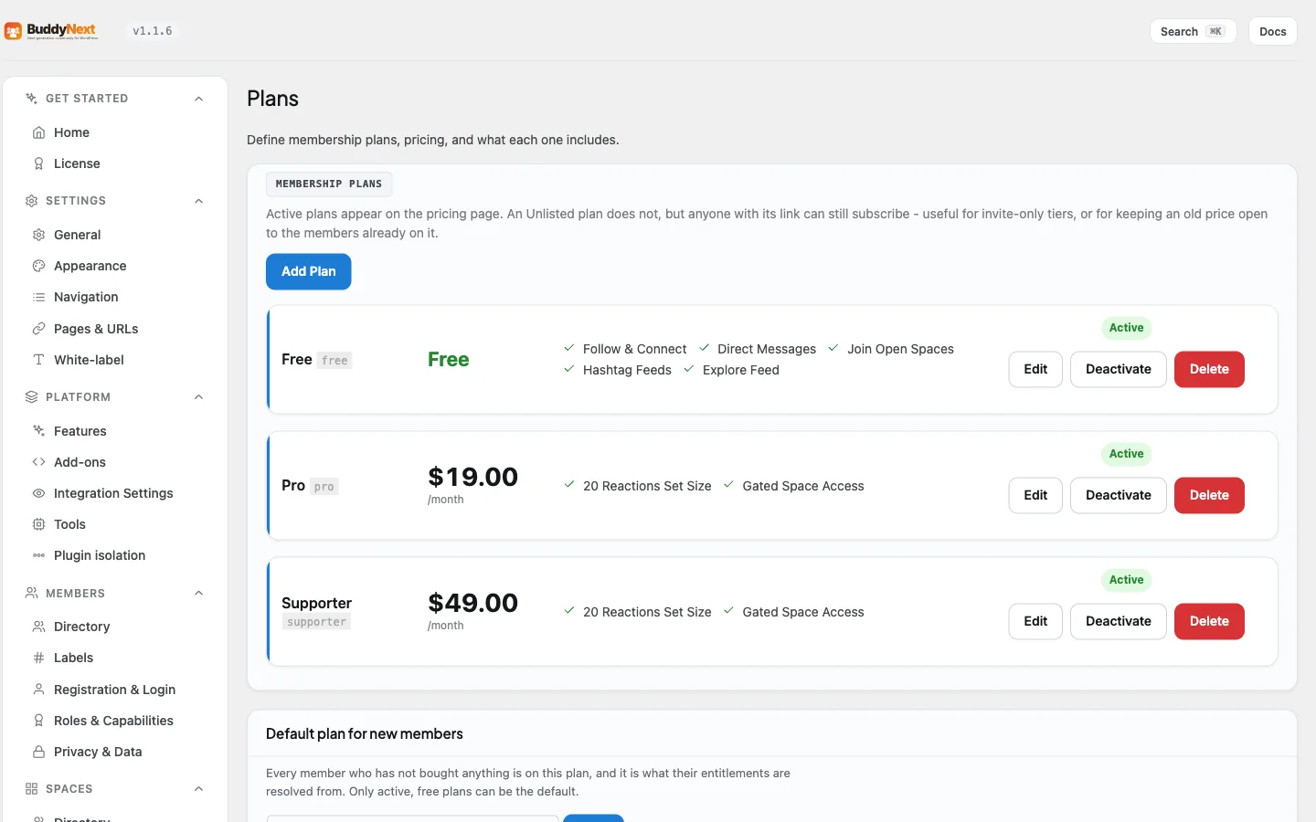 The Monetization Plans admin tab where you define membership plans, pricing, and perks