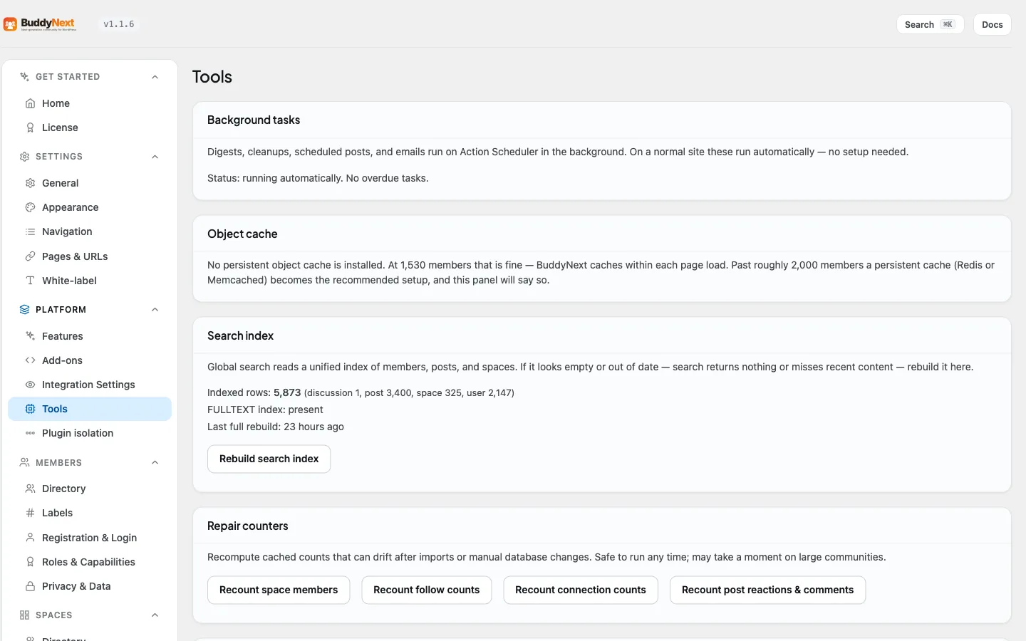 The Platform > Tools admin tab for maintenance and CLI-adjacent operations