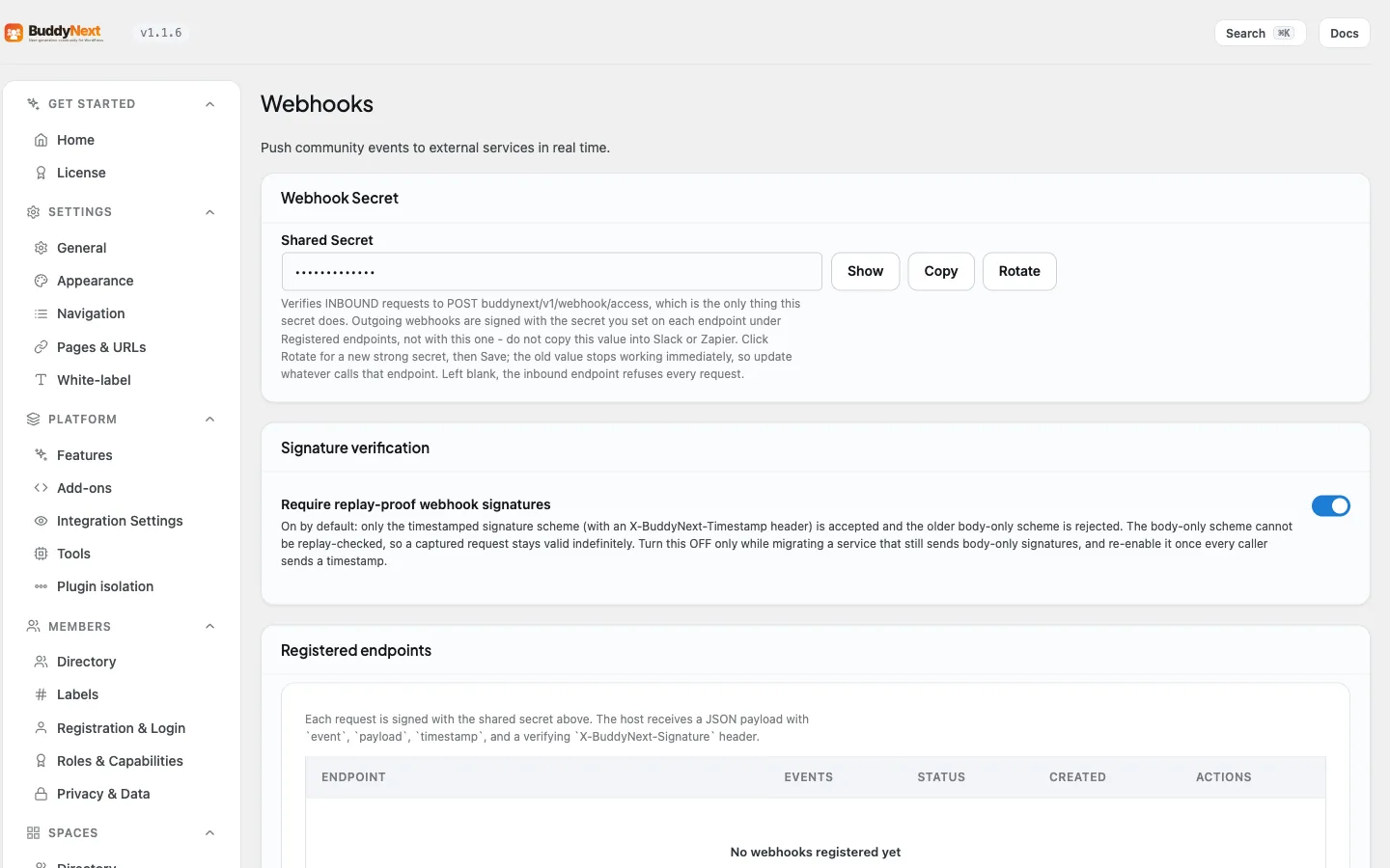 The Realtime & Push > Webhooks admin tab where the outbound and inbound webhook endpoints on this page are configured