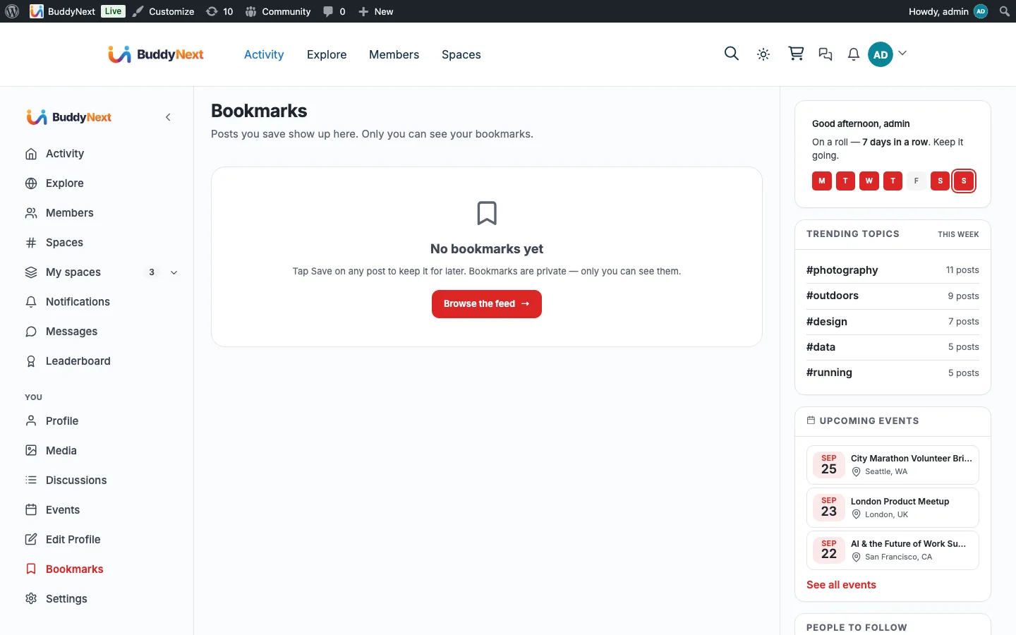 A member's Bookmarks page listing saved posts, each with the Save action highlighted