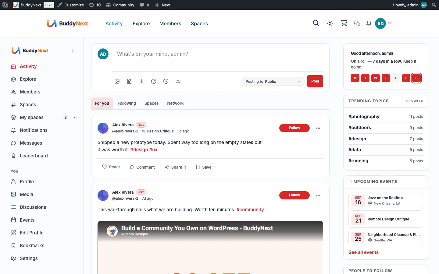 BuddyNext community activity feed with composer, posts, and sidebar