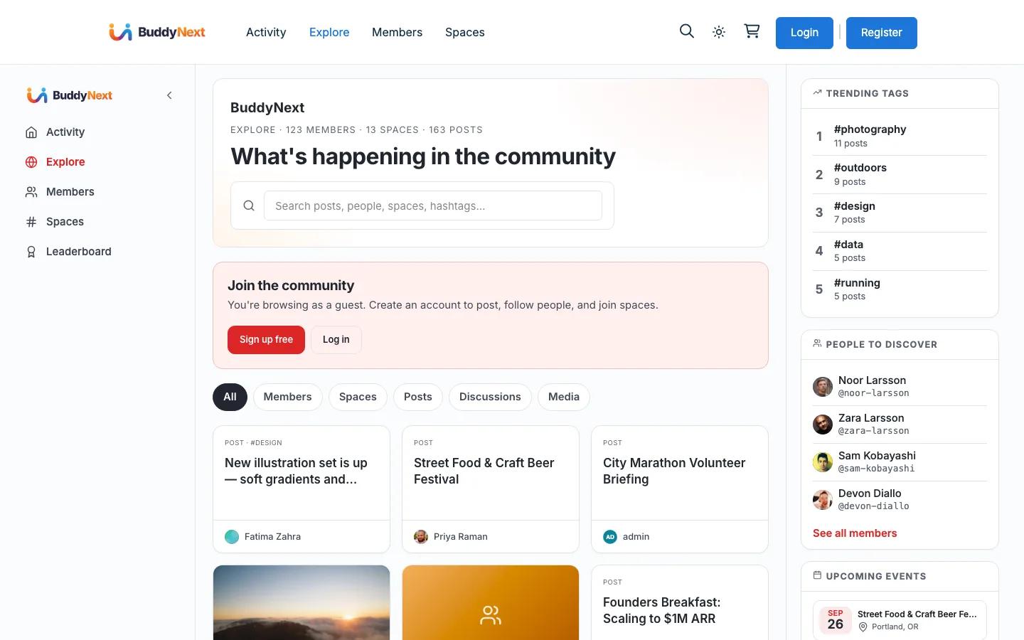 A logged-out guest browsing the Explore page, with a "Join the community" prompt and Sign up / Log in buttons