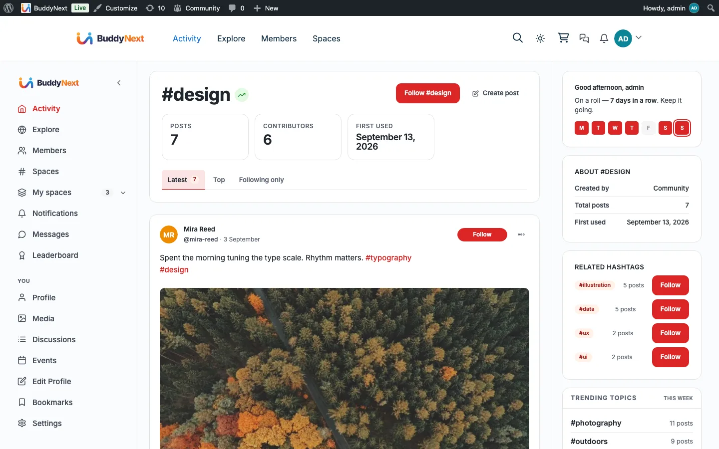 A hashtag feed page - the tag header with a Follow button, post/contributor counts, the tagged posts, and an About panel