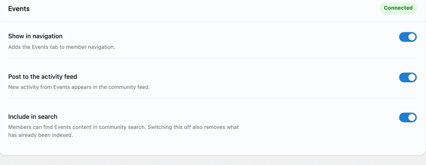 Eventonomy's surfacing controls under BuddyNext > Platform > Integration Settings - navigation, activity feed, and community search switches