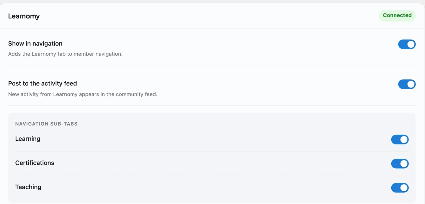 Learnomy's surfacing controls under BuddyNext > Platform > Integration Settings - navigation, feed activity, and the Learning, Certifications and Teaching profile sub-tabs