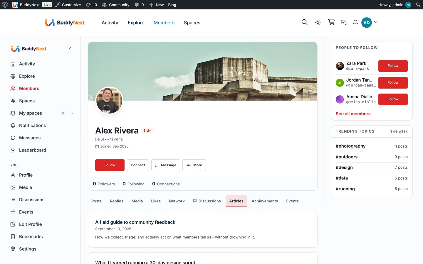 The Articles tab on a BuddyNext member profile listing that member’s posts