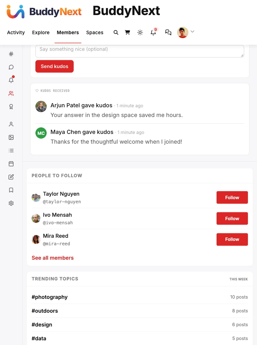 The Kudos tab on a member profile: a give-kudos form with a short message field and a Send kudos button, above the received-kudos feed listing who sent kudos and their notes