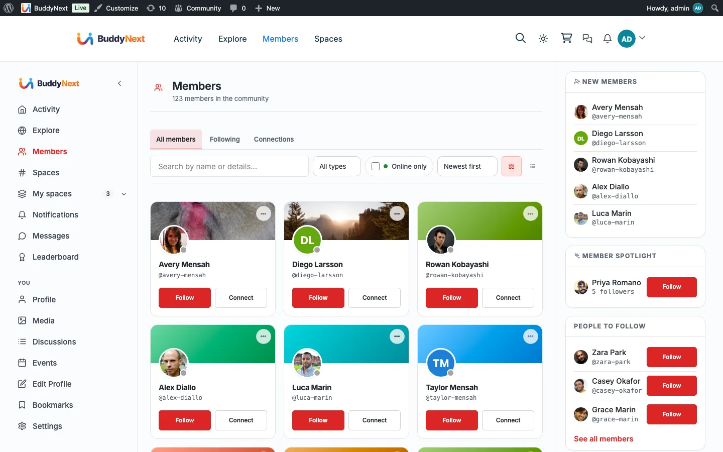 A member directory whose member cards are built from the reusable part documented here