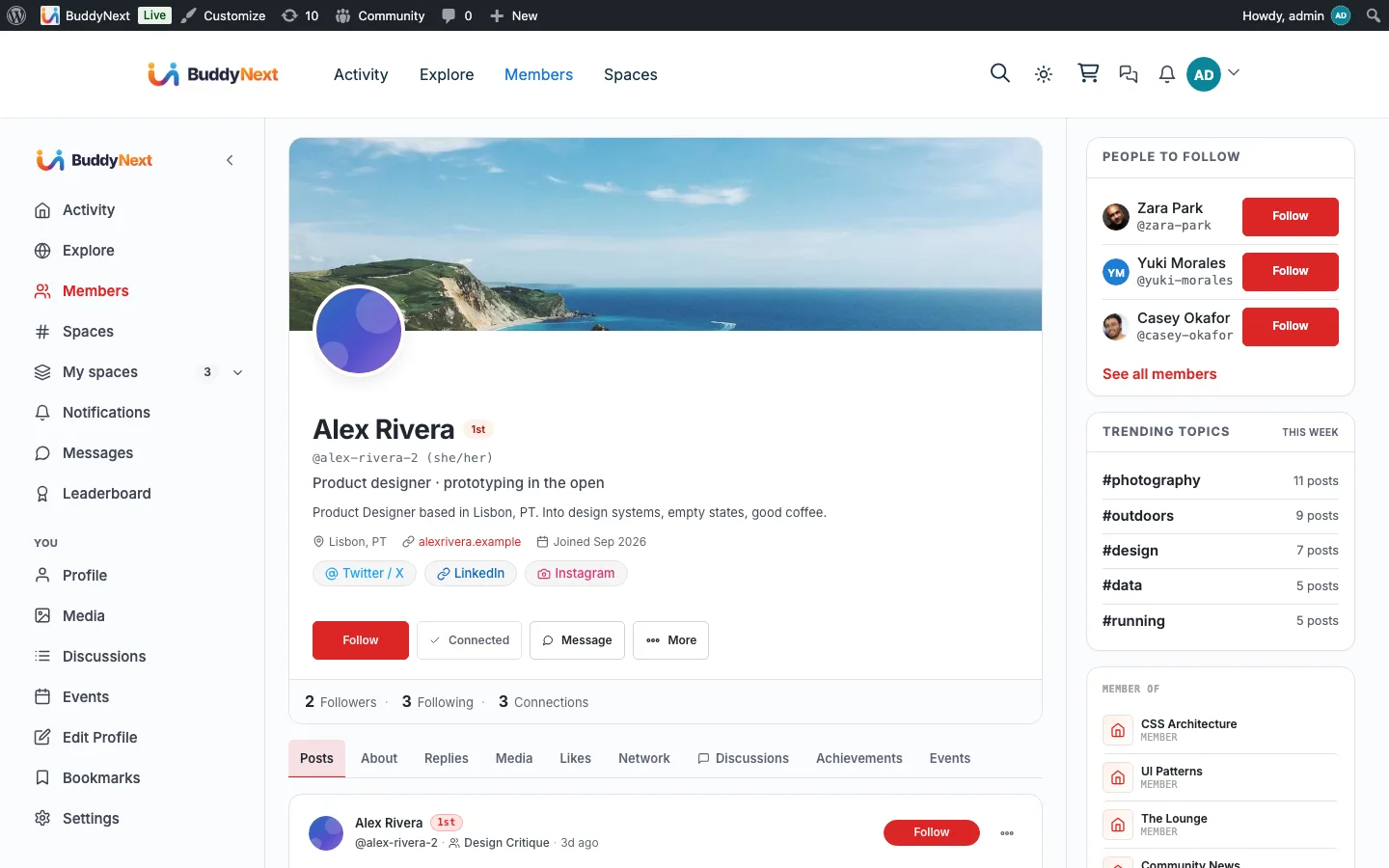 A member profile showing the Portfolio tab with panels from the connected Wbcom apps