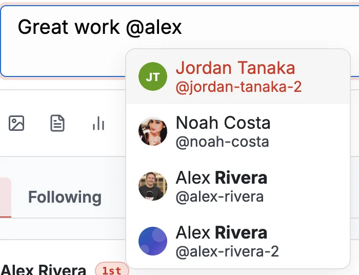 Typing @ in the composer opens a member typeahead that suggests people to mention