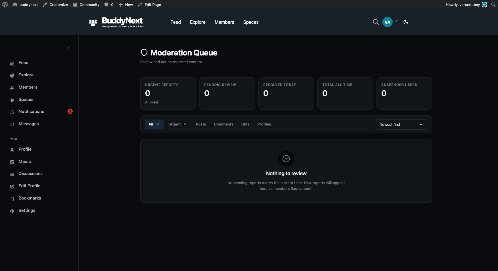 The moderation queue driven by the report, queue, appeal, and trust-action REST routes on this page