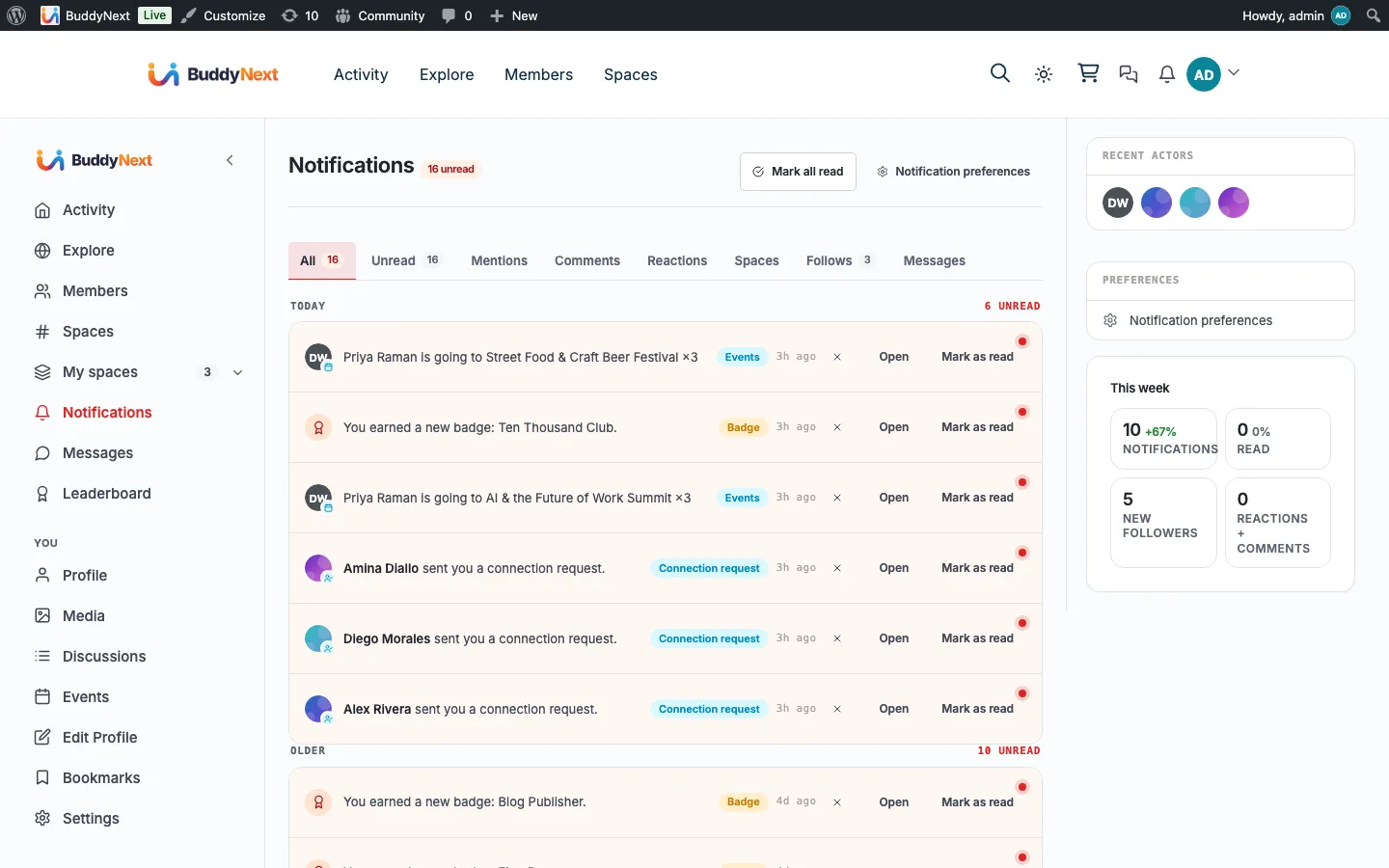 The notifications inbox and bell driven by the notification REST routes documented here