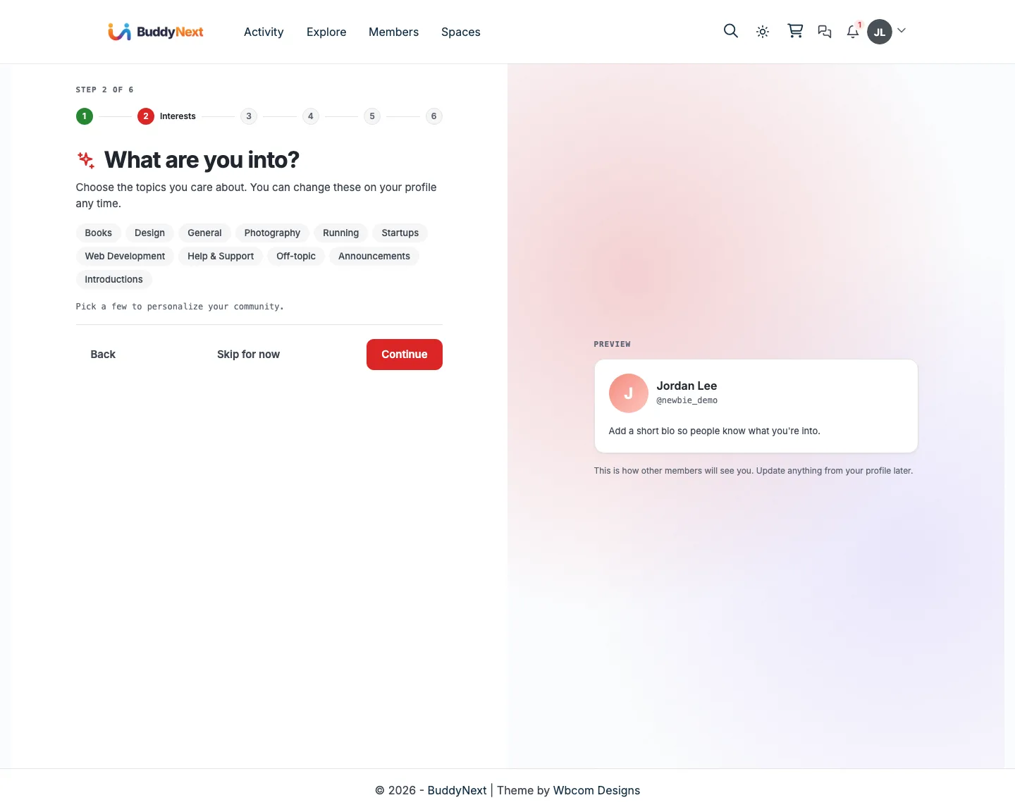 Onboarding step 2: choose interest topics as chips